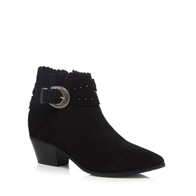 Black suede mock buckle studded ankle boots